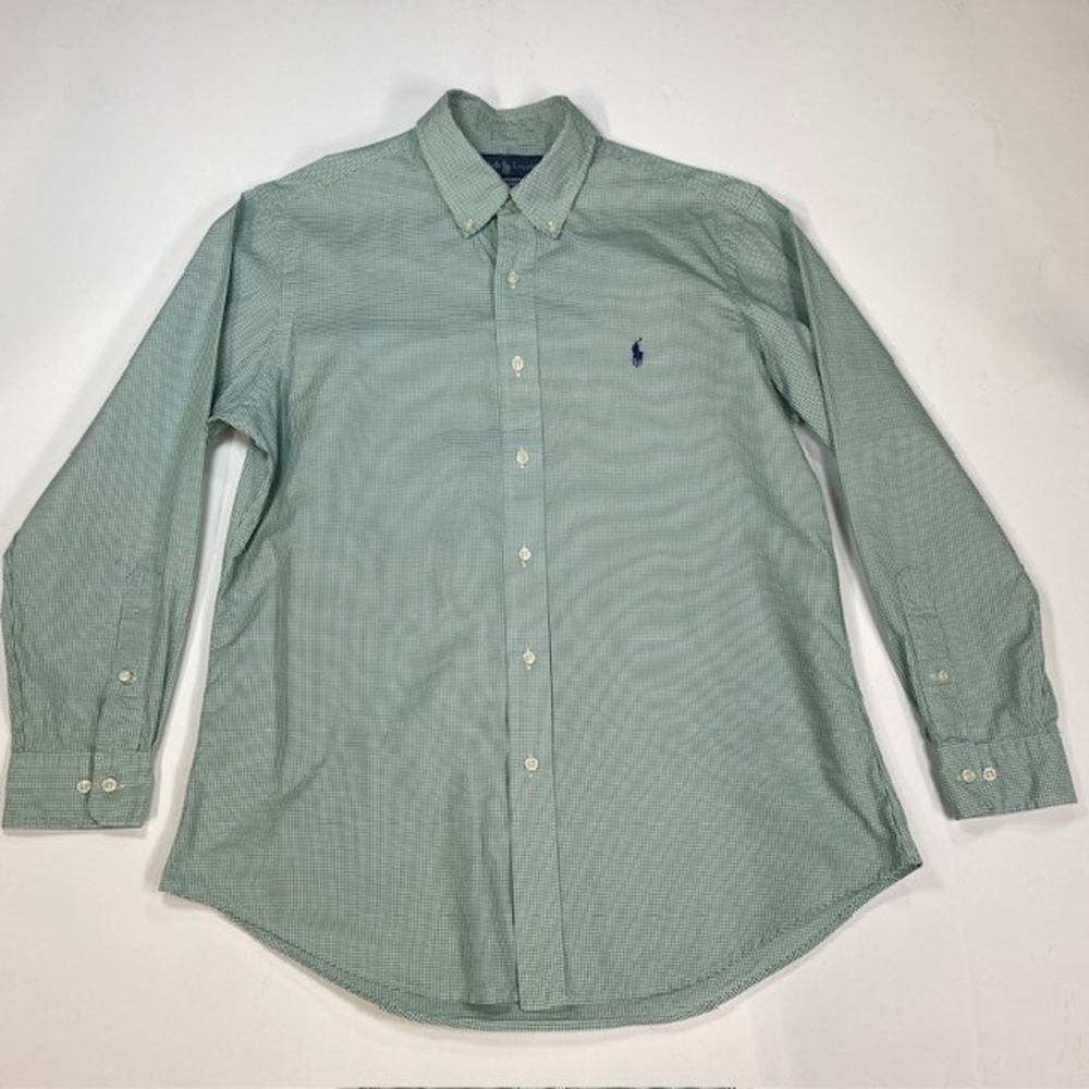 Ralph Lauren Custom Fit Gingham Button‎ Down Shirt Green White Mens Size L